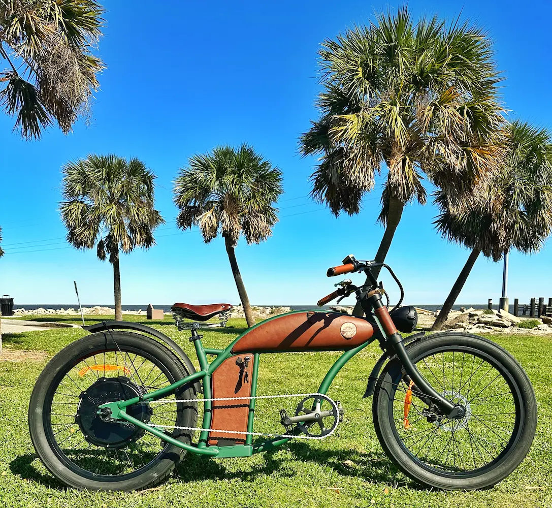 Premium electric cruiser bicycle near the water and palms, reflecting the scenic character of the Between the Waters private arrival experience